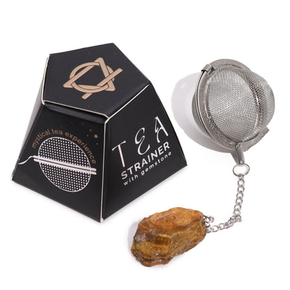 Stainless steel tea ball infuser with a raw gold Tigers Eye crystal charm attached to the silver chain.
