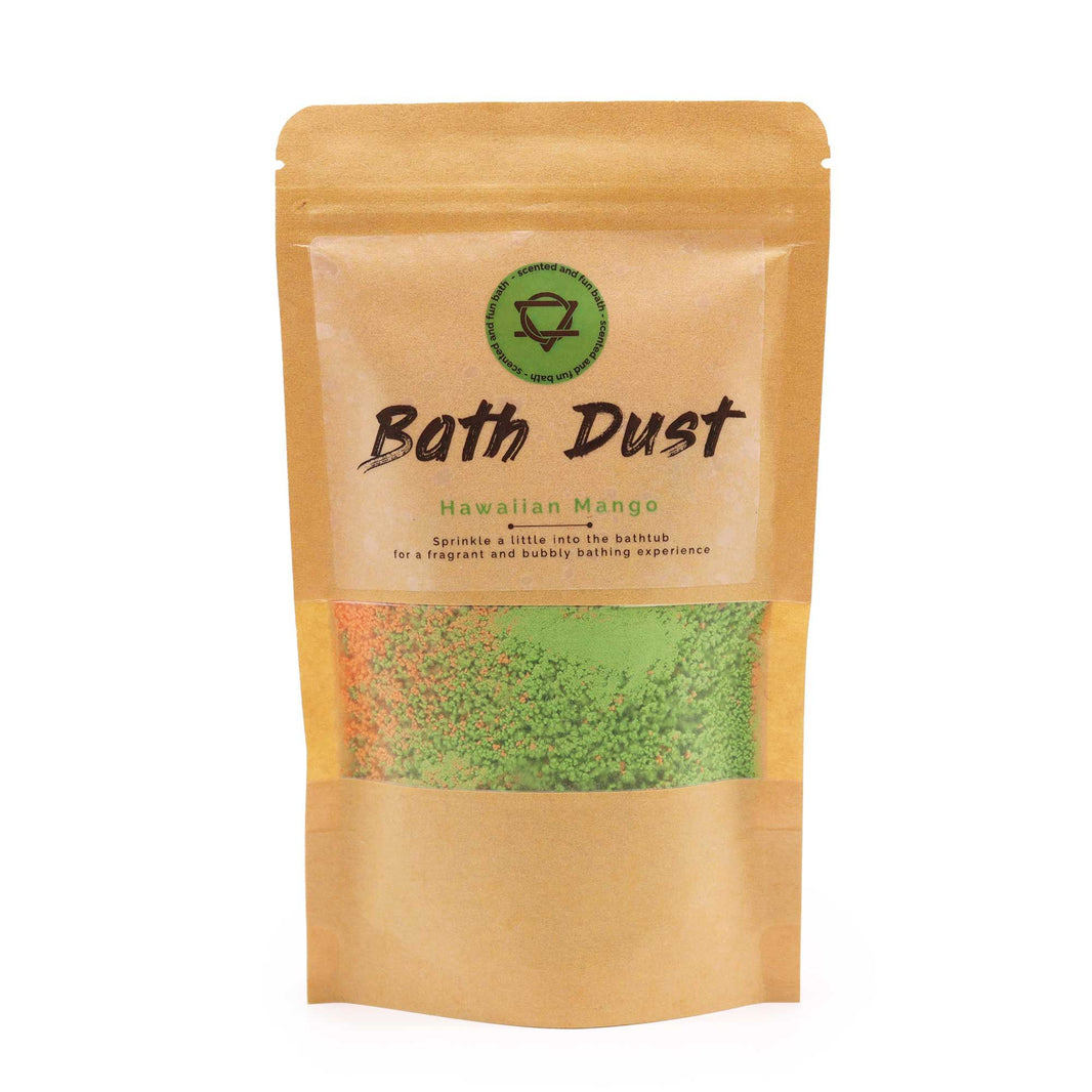 A 190g eco-friendly paper pouch containing orange and yellow fizzy bath dust with a sweet mango scent.
