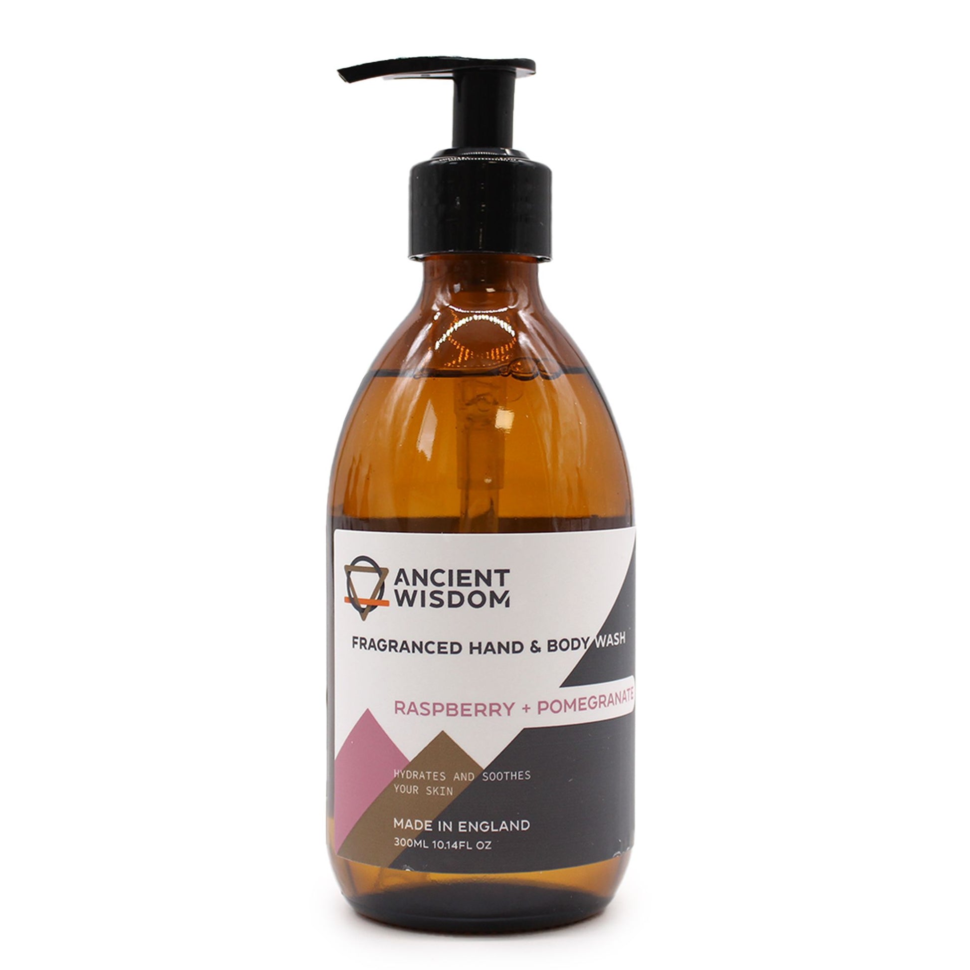 A 300ml amber pump bottle of Raspberry and Pomegranate hand and body wash with a luxury apothecary label.