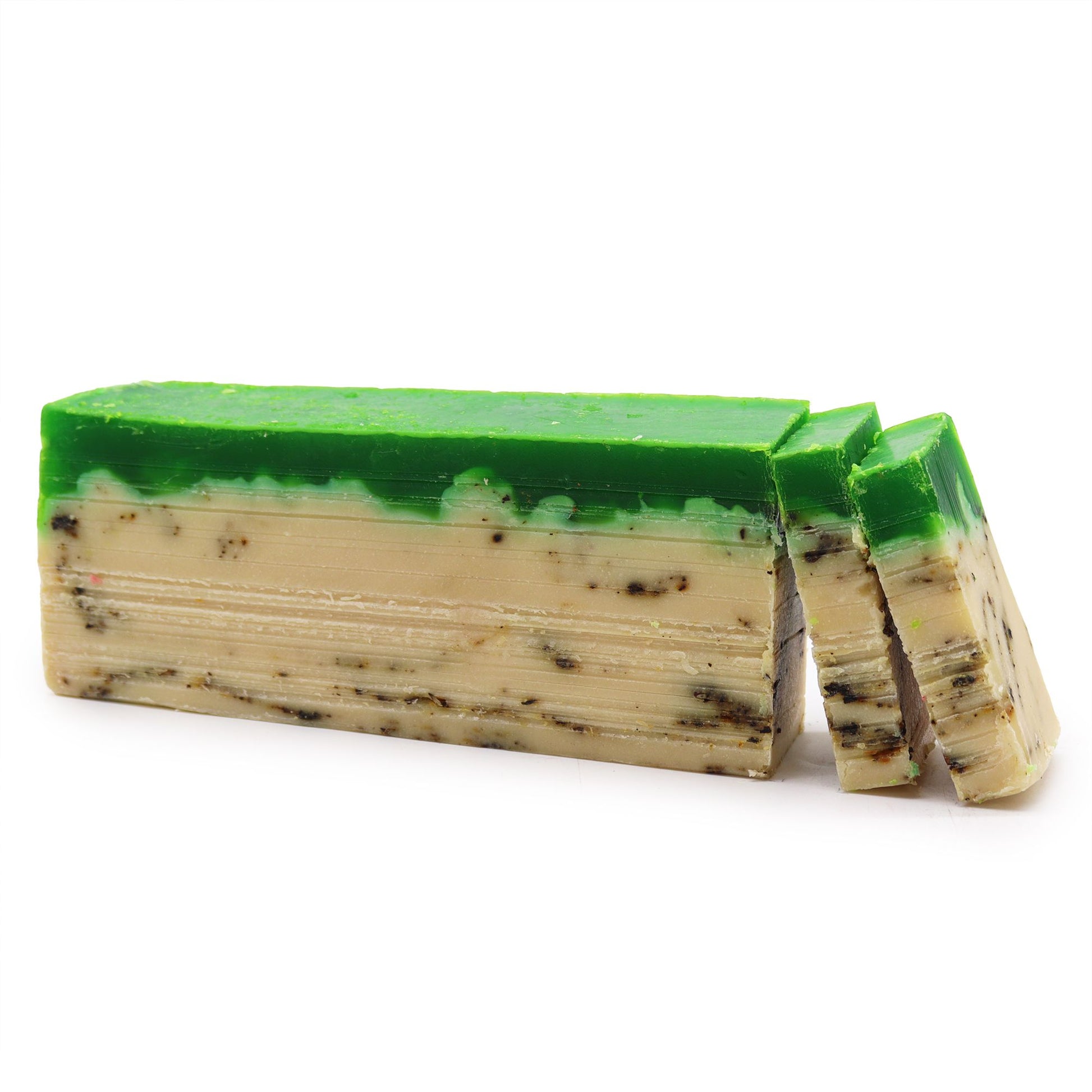 A 100g artisan soap slice featuring a dark green top layer and a creamy olive oil base, infused with green tea extracts.