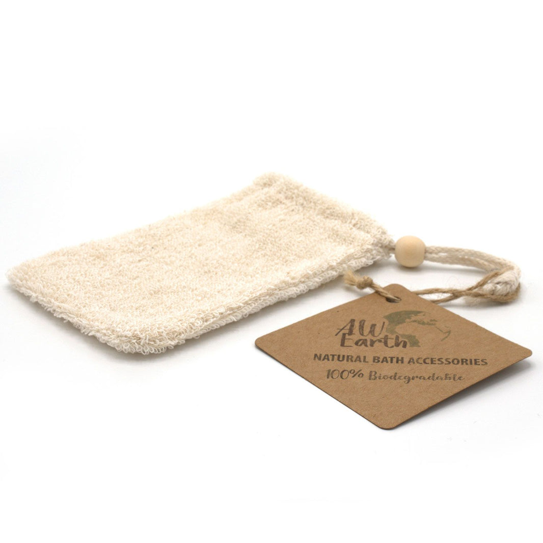 A natural, woven ramie (Rami) soap saver pouch with a drawstring, perfect for exfoliation and reducing soap waste.