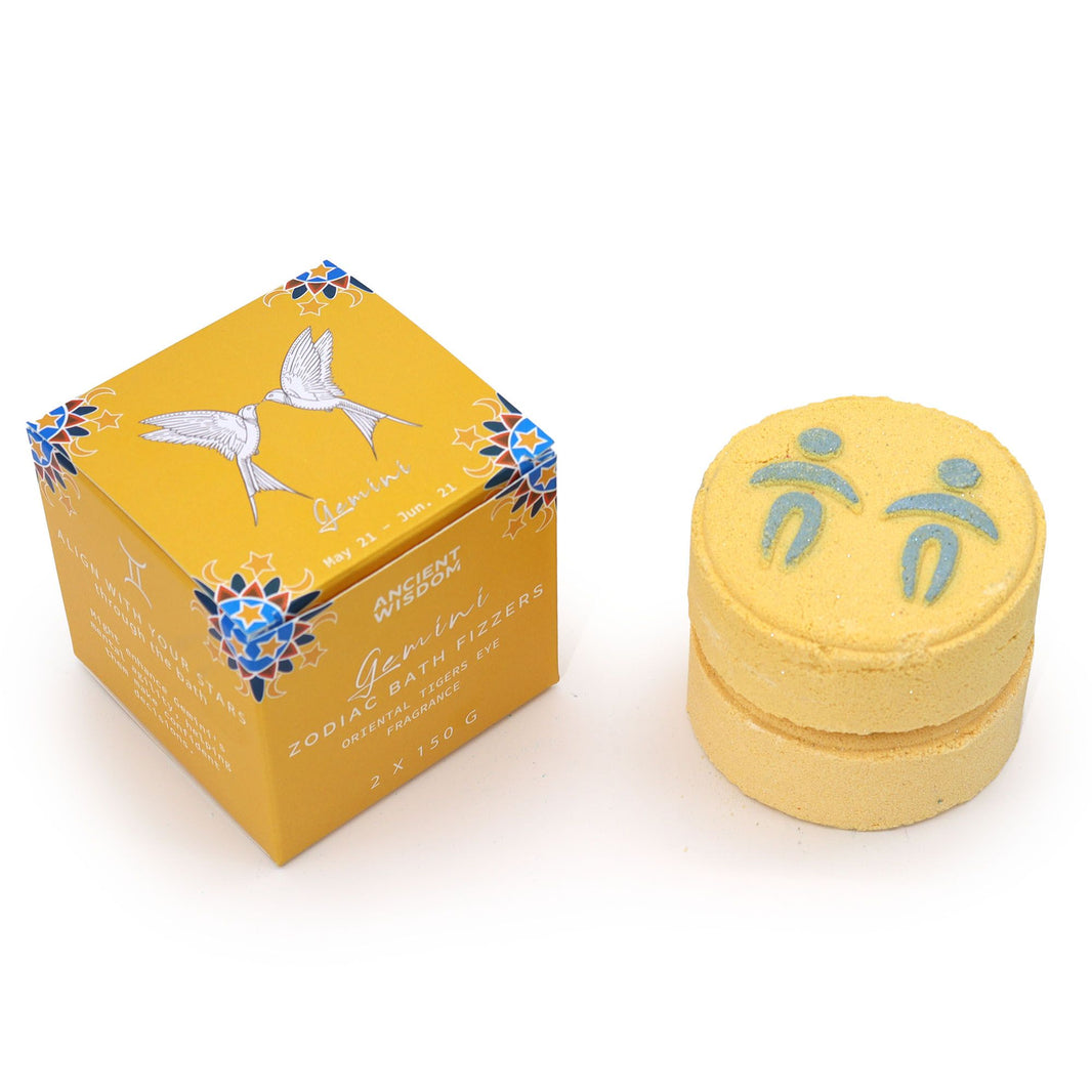 A yellow-themed zodiac gift set for Gemini, featuring artisan bath fizzers and horoscope information.