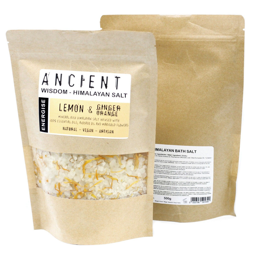 A 500g kraft paper bag of Himalayan bath salts blended with citrus and ginger essential oils for energy.