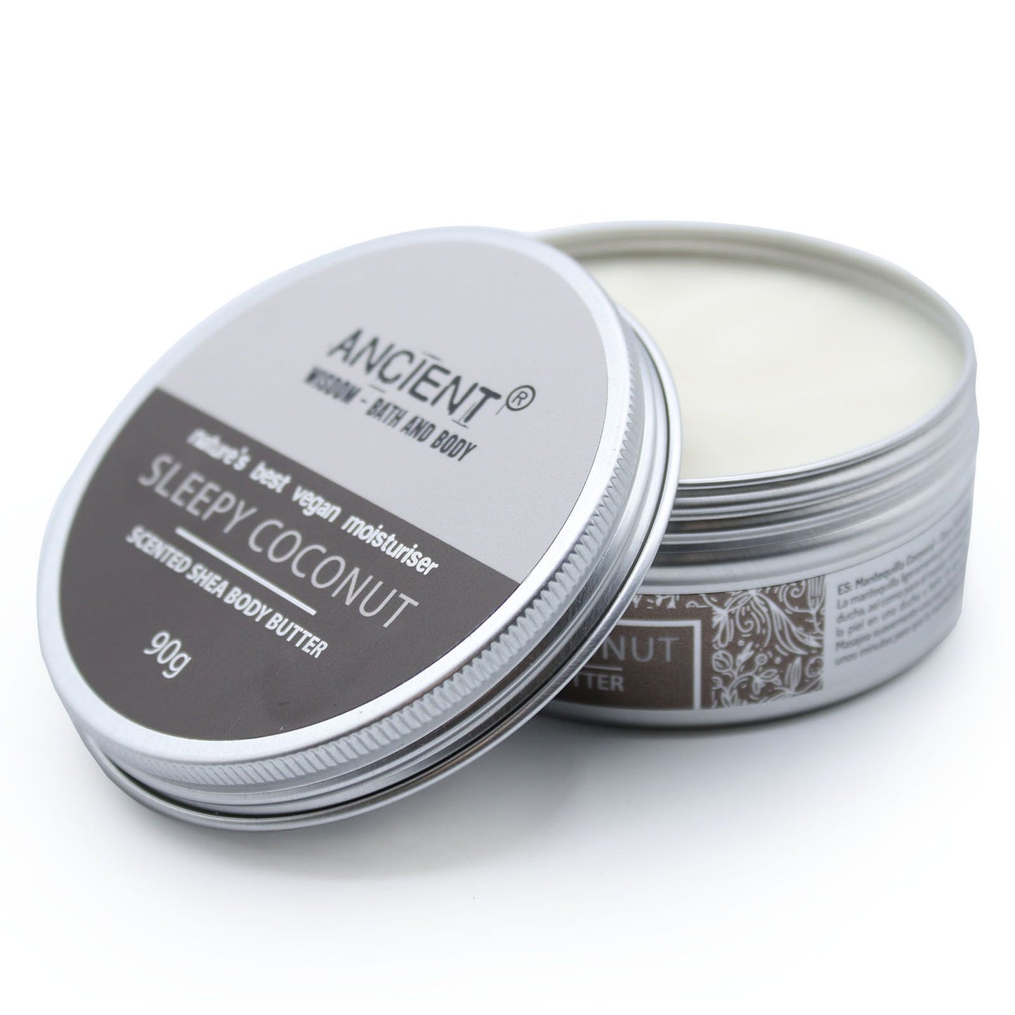 A 90g jar of white shea body butter featuring a calming coconut fragrance and a premium black and silver label.