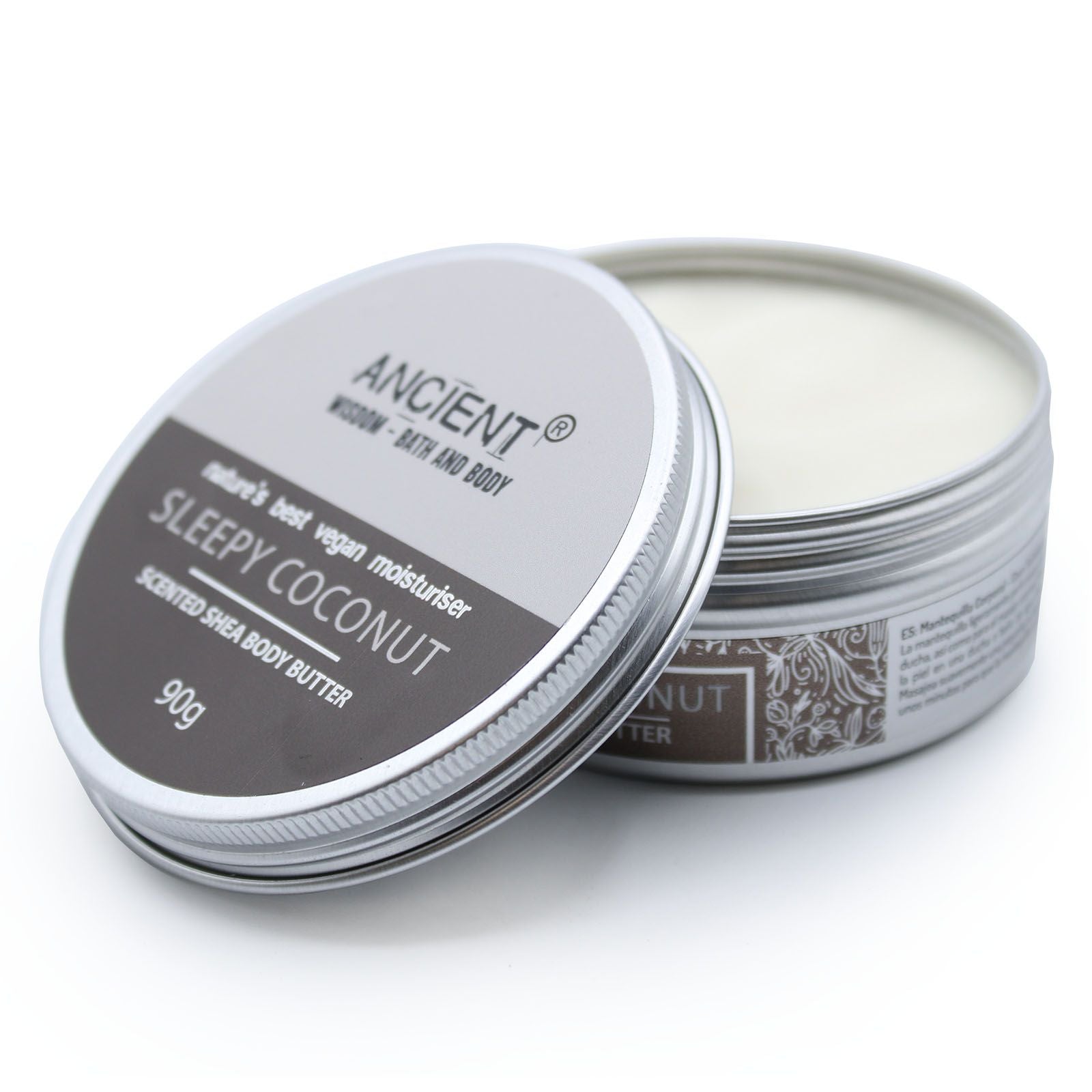 A 90g jar of white shea body butter featuring a calming coconut fragrance and a premium black and silver label.
