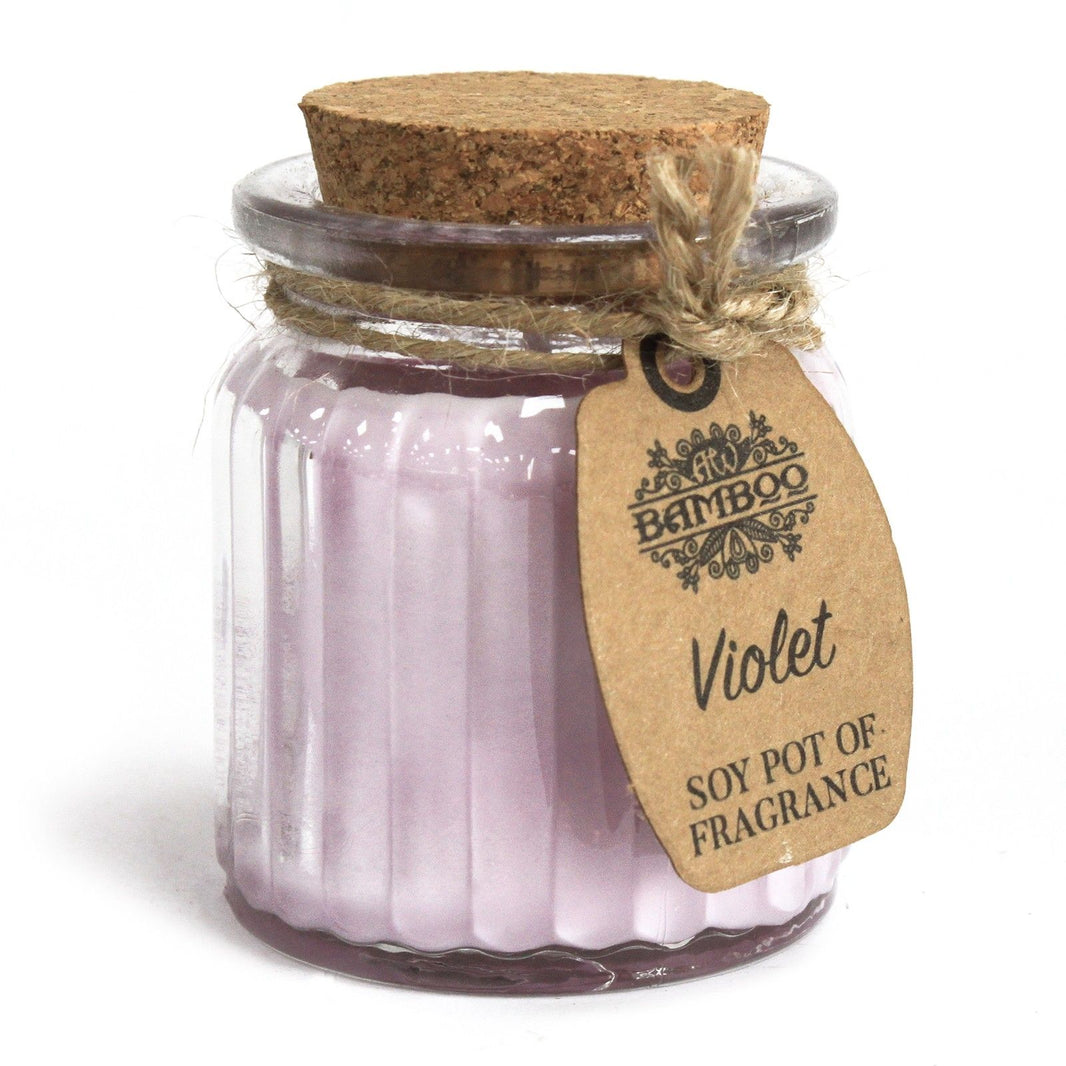 Small lilac-colored soy candle in a clear glass pot featuring a cork stopper and a floral violet fragrance.