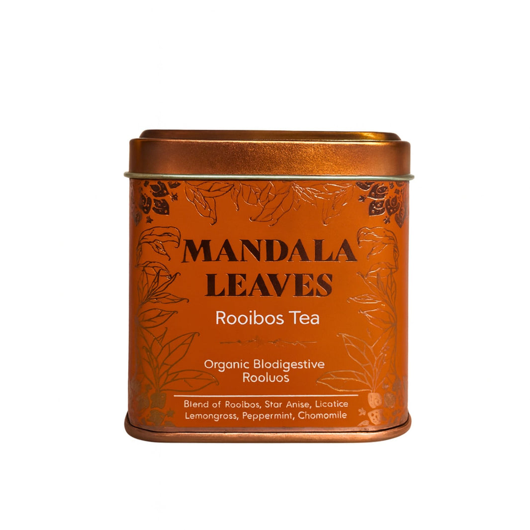 A small, square orange tea tin with a classic label containing 50g of digestive rooibos loose leaf tea.