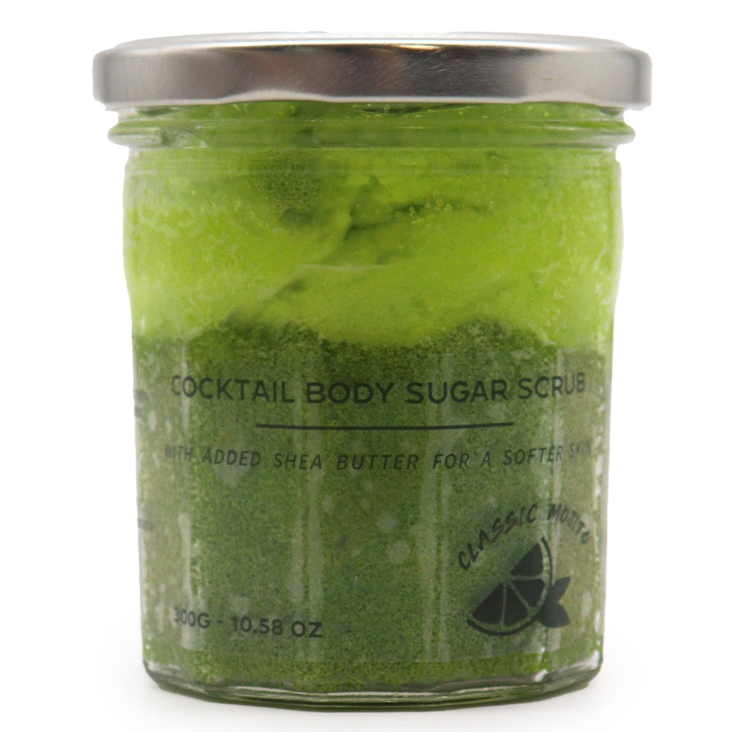 A 300g jar of vibrant green sugar body scrub featuring a refreshing lime and mint mojito cocktail scent.
