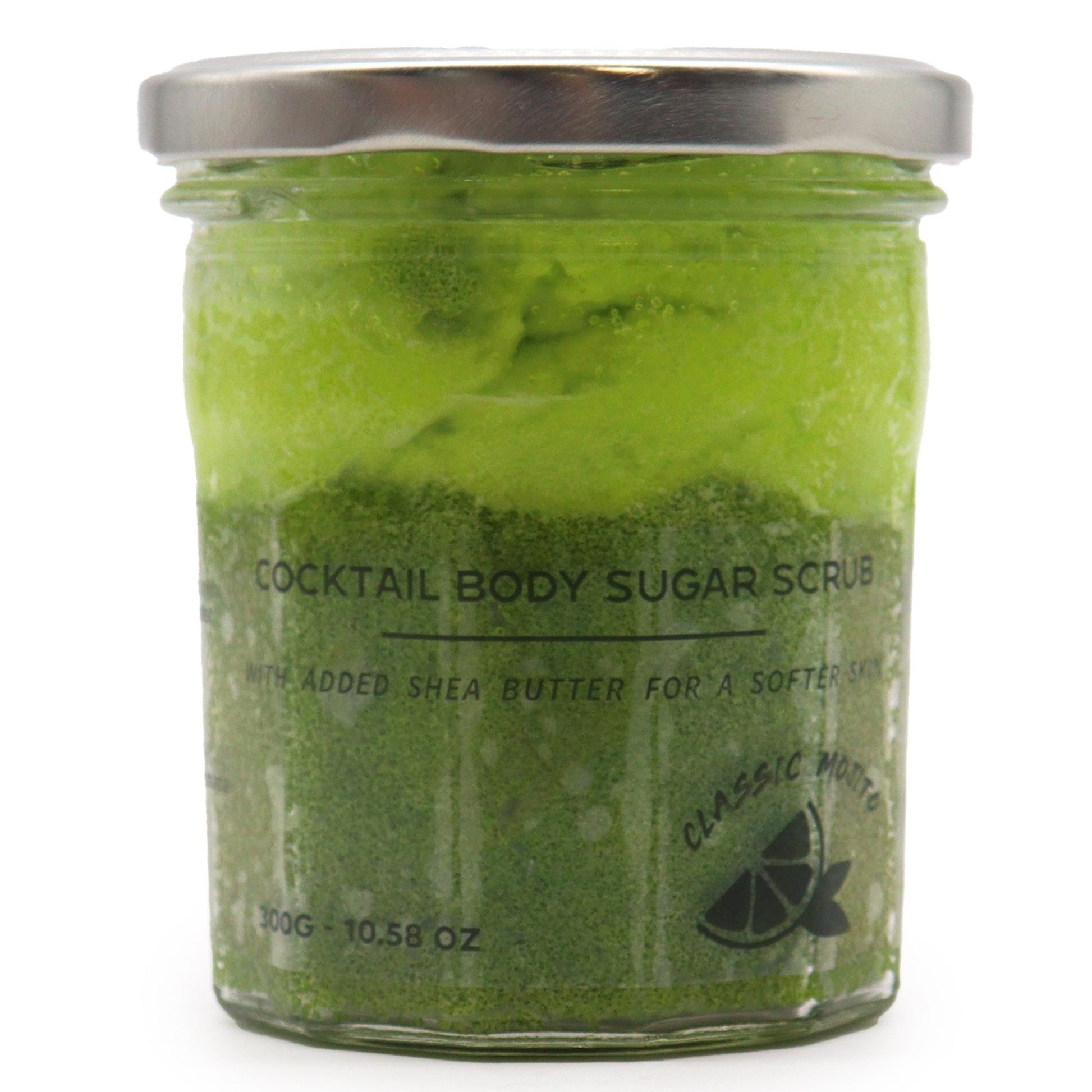 A 300g jar of vibrant green sugar body scrub featuring a refreshing lime and mint mojito cocktail scent.