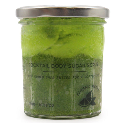 A 300g jar of vibrant green sugar body scrub featuring a refreshing lime and mint mojito cocktail scent.