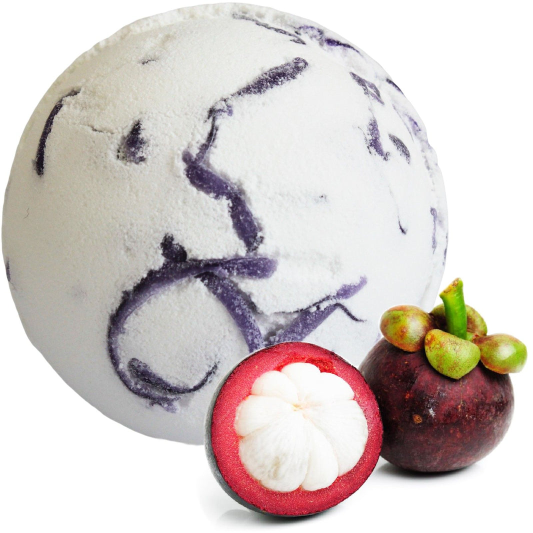 Large 180g white and purple marbled bath bomb with a tropical mangosteen scent and moisturizing coconut oil.