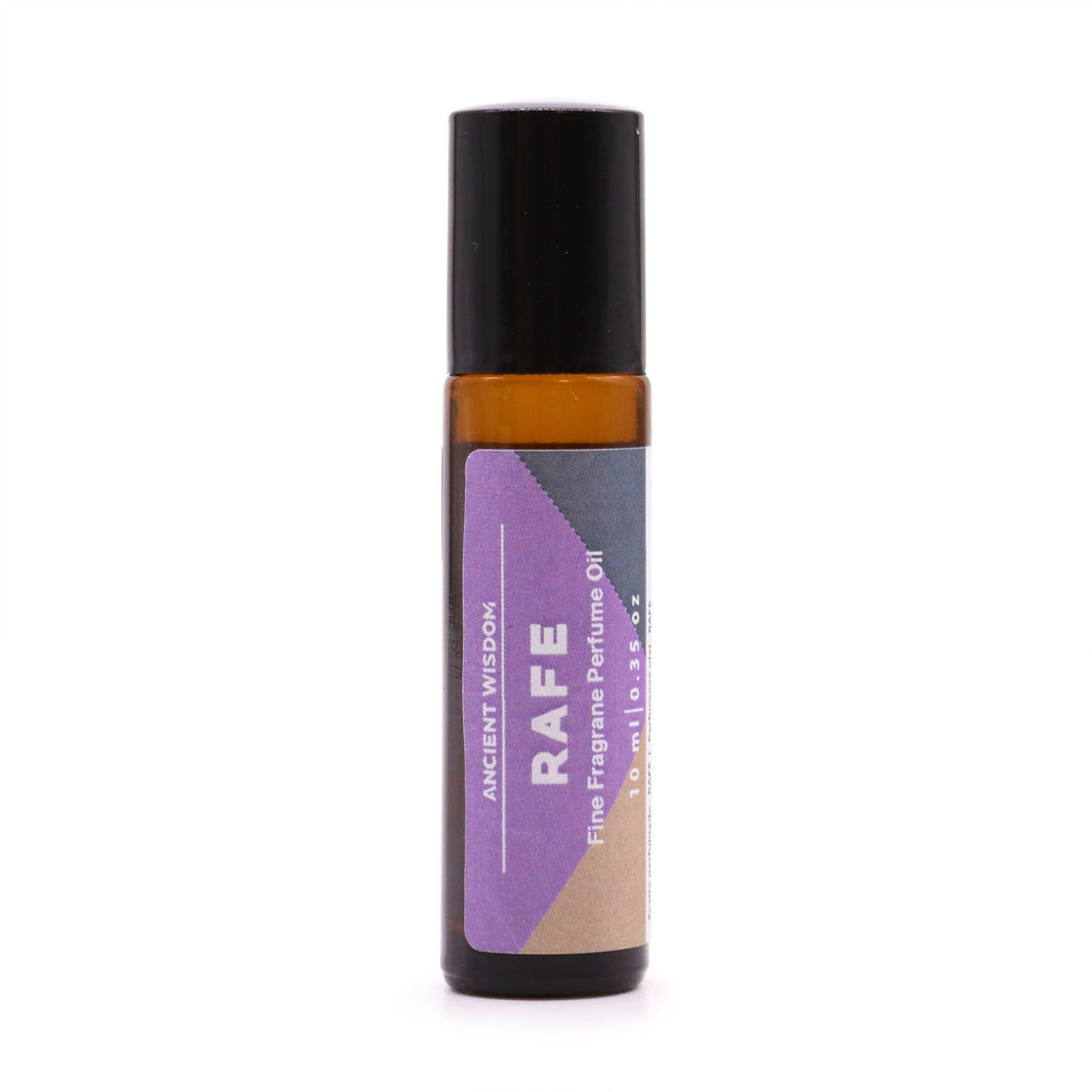 A 10ml glass rollerball bottle of Rafe fine fragrance with a purple-toned label and black cap.
