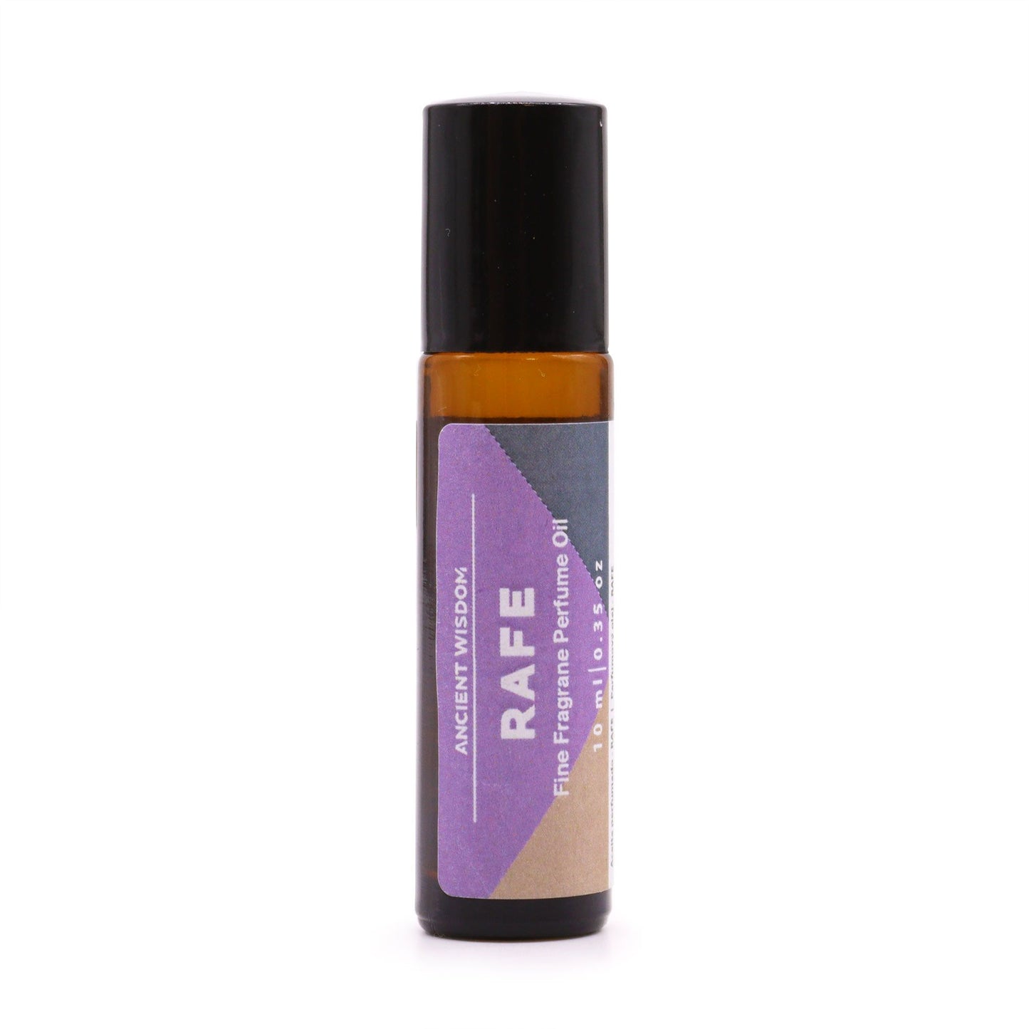 A 10ml glass rollerball bottle of Rafe fine fragrance with a purple-toned label and black cap.