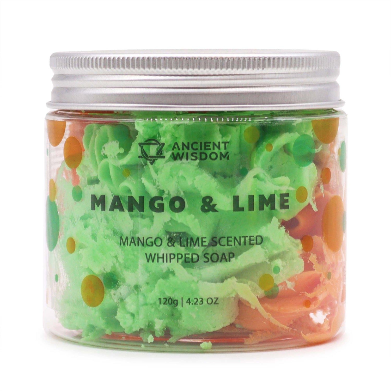 A 120g clear jar containing vibrant green and orange swirled whipped cream soap with a tropical fruit fragrance.