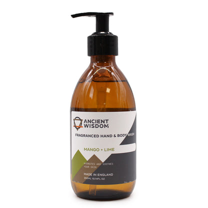 A 300ml amber pump bottle of Mango and Lime hand and body wash featuring a professional white and gold apothecary-style label.