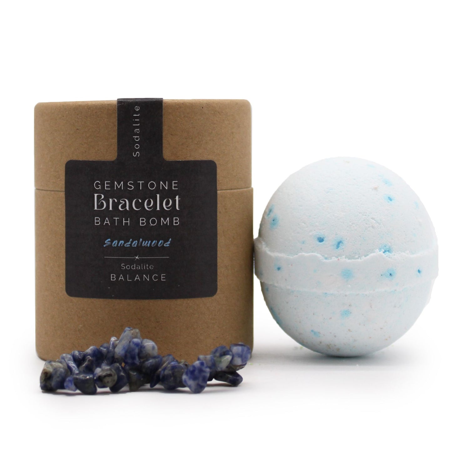 A blue and white 170g bath bomb with a genuine Sodalite gemstone bracelet shown as the hidden gift inside.