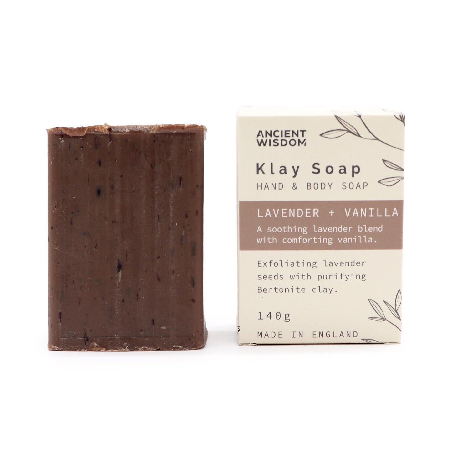 A dark, handcrafted clay soap bar featuring a soothing blend of lavender and sweet vanilla scents.