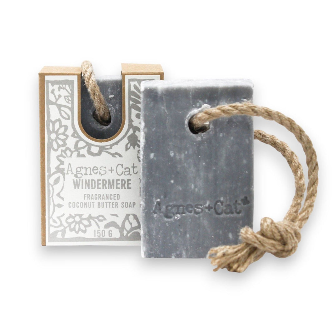 A 150g blue and white marbled artisan soap on a rope, designed with a fresh, clean scent reminiscent of Lake Windermere.