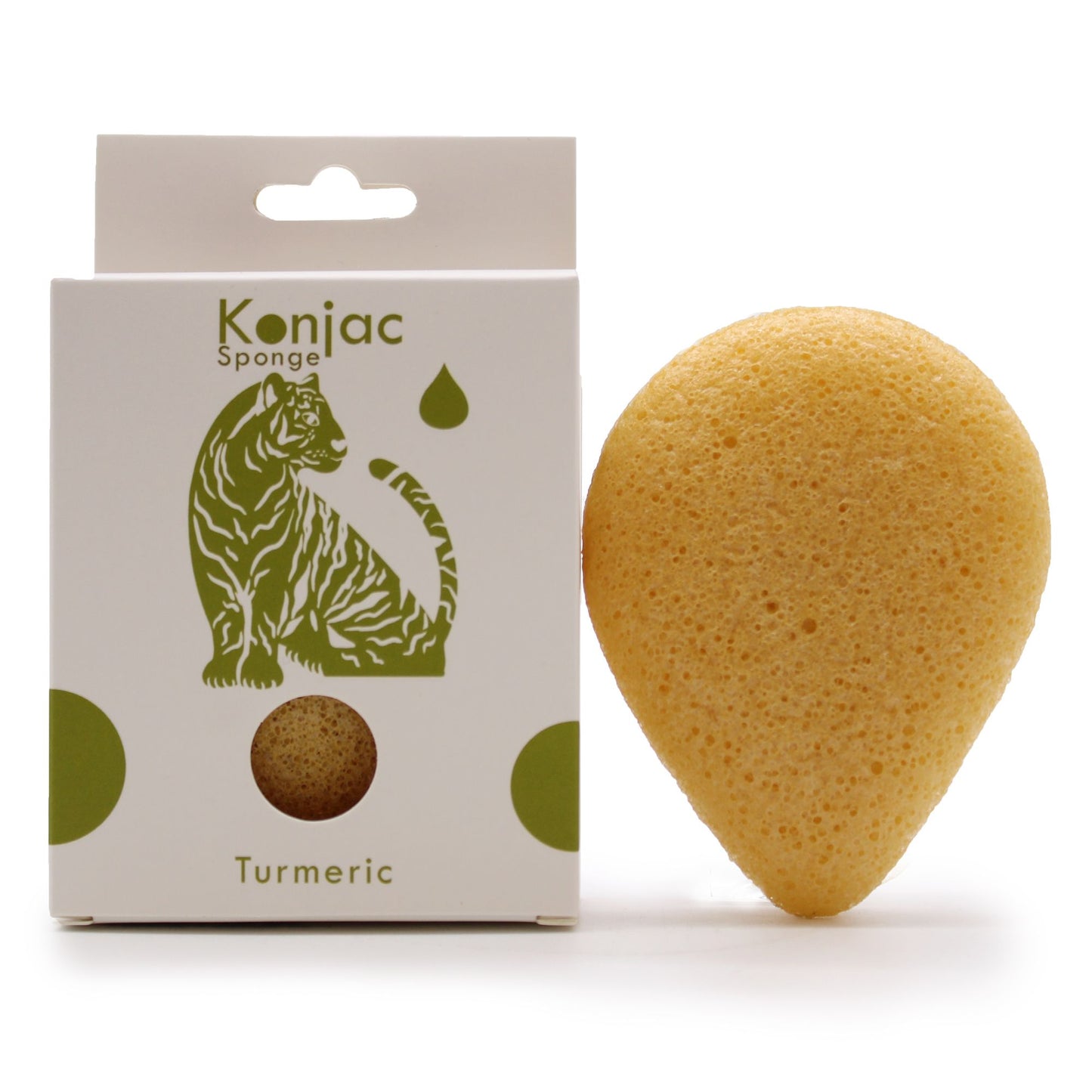 A yellow teardrop-shaped natural Konjac facial sponge infused with turmeric, packaged in an eco-friendly box.
