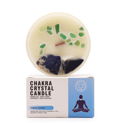 Blue Throat Chakra candle with sodalite crystals and blue botanical accents on the surface of the hand-poured soy wax.