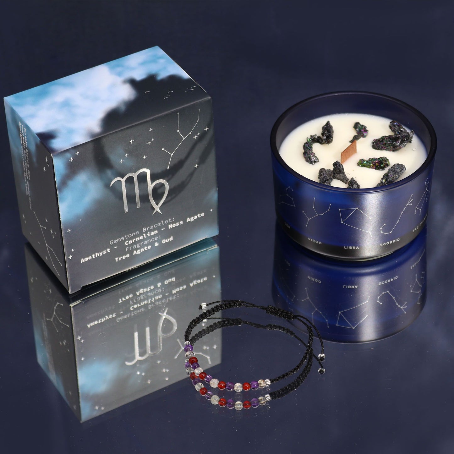 A premium dark candle tin featuring Virgo zodiac illustrations and a hidden gemstone bead bracelet shown alongside.
