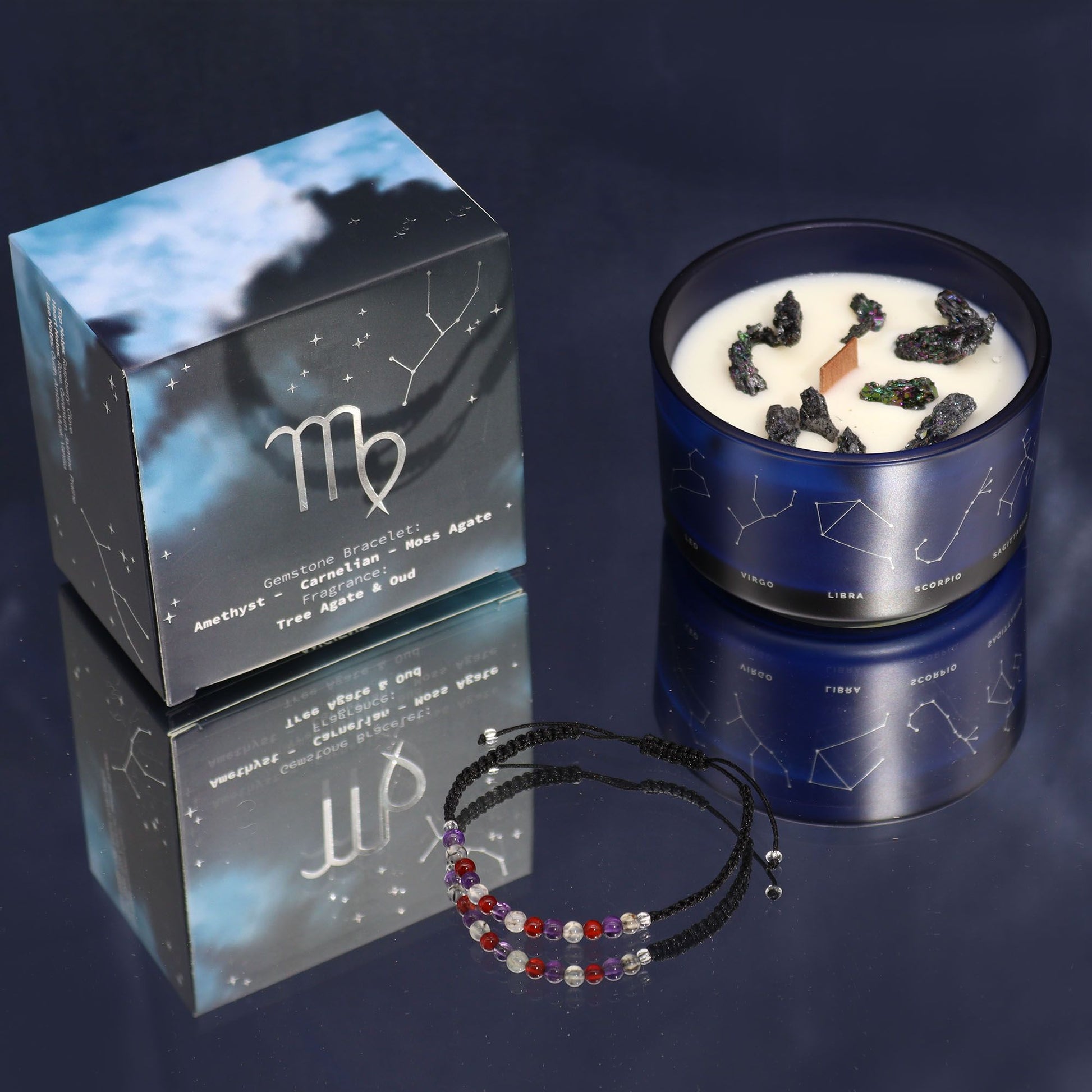 A premium dark candle tin featuring Virgo zodiac illustrations and a hidden gemstone bead bracelet shown alongside.