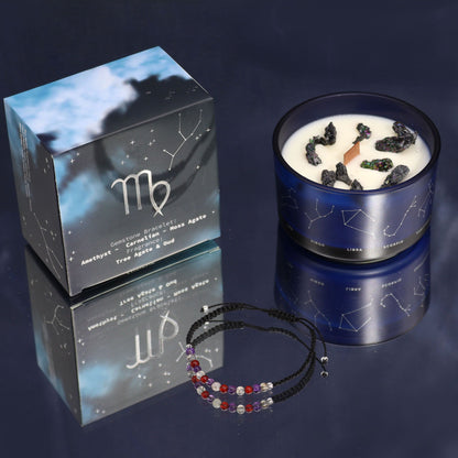 A premium dark candle tin featuring Virgo zodiac illustrations and a hidden gemstone bead bracelet shown alongside.