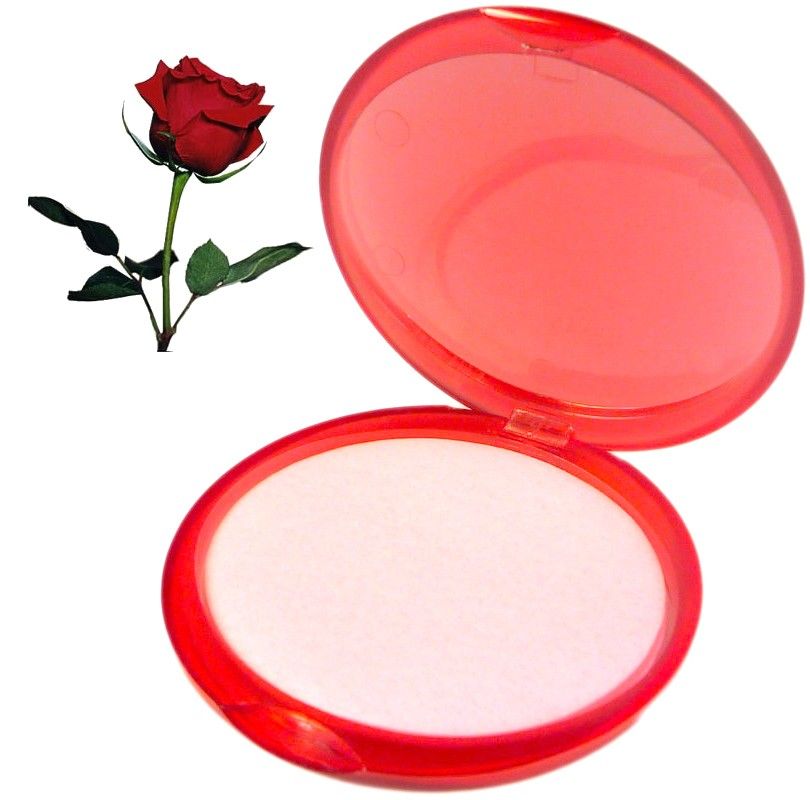 A compact red travel container holding thin, heart-shaped rose-scented paper soap sheets for portable hand washing.