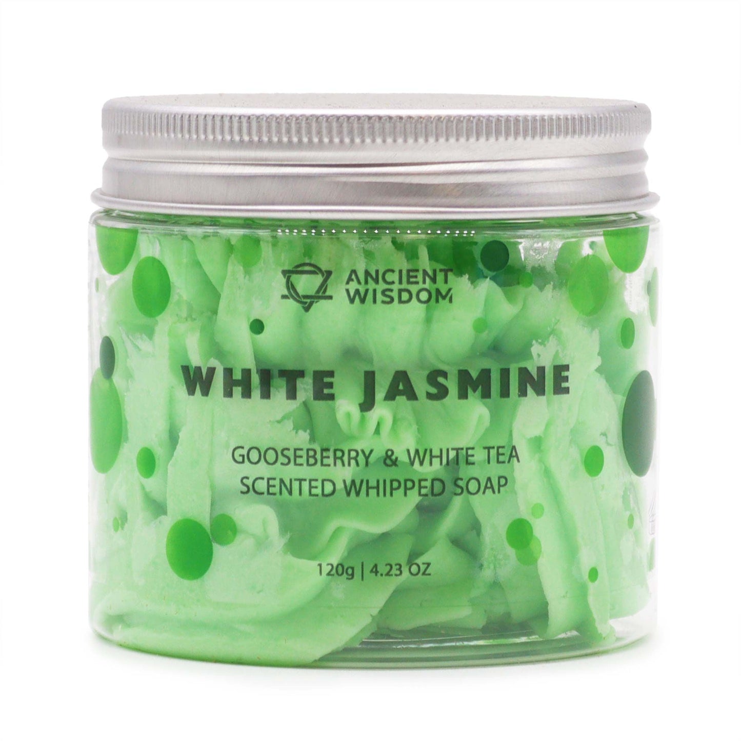 A clear 120g jar of light green and white swirled whipped cream soap with a fresh botanical fragrance.