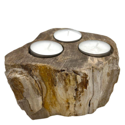 A large, rustic triple candle holder made from a solid piece of natural petrified wood with three slots for tealight candles.