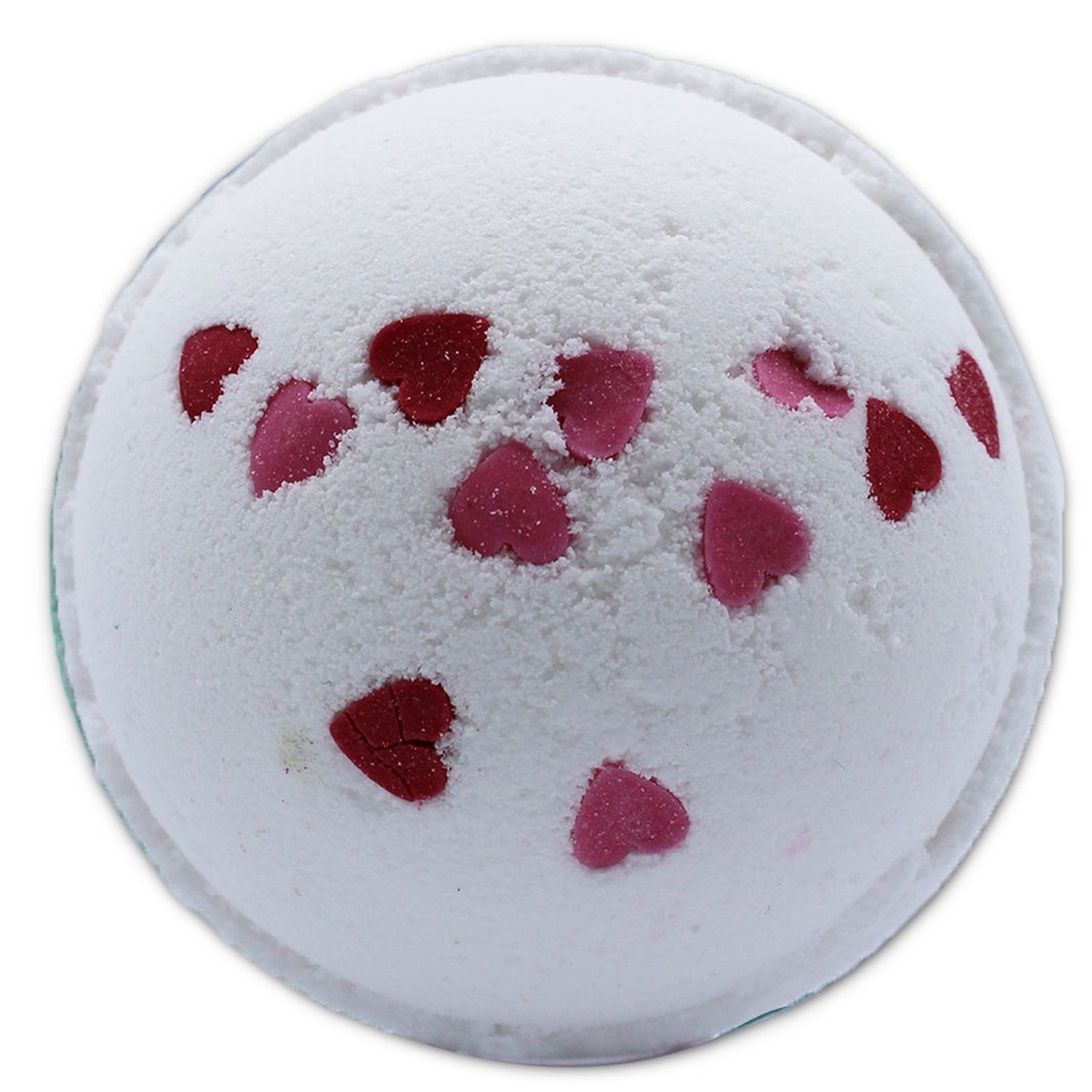 A large 180g white bath bomb decorated with pink and red dried wildflower petals.