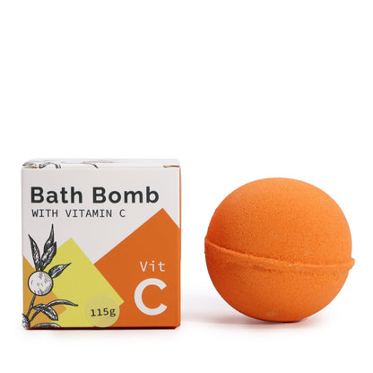 A bright orange 115g bath bomb infused with Vitamin C and citrus essential oils in its white and orange display box.