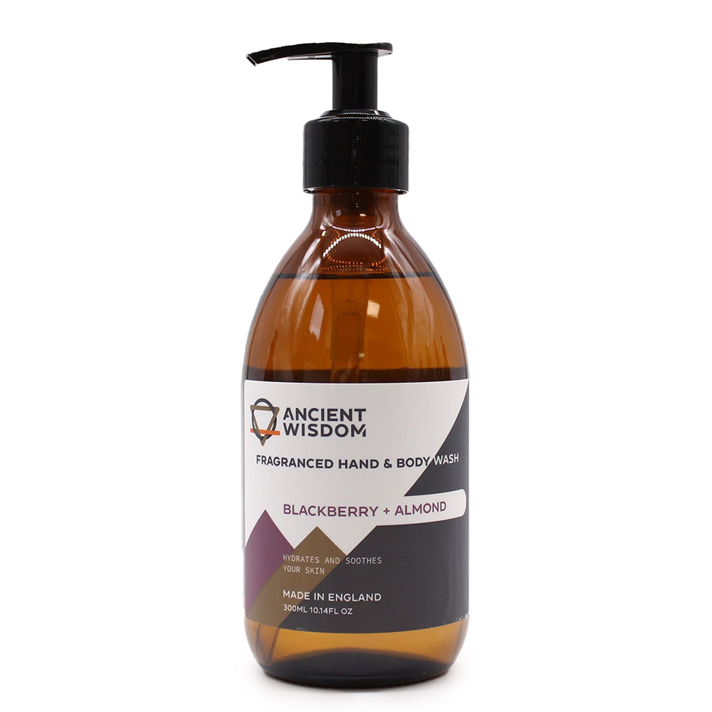An amber glass pump bottle with a minimalist label for a blackberry and almond scented luxury hand and body wash.