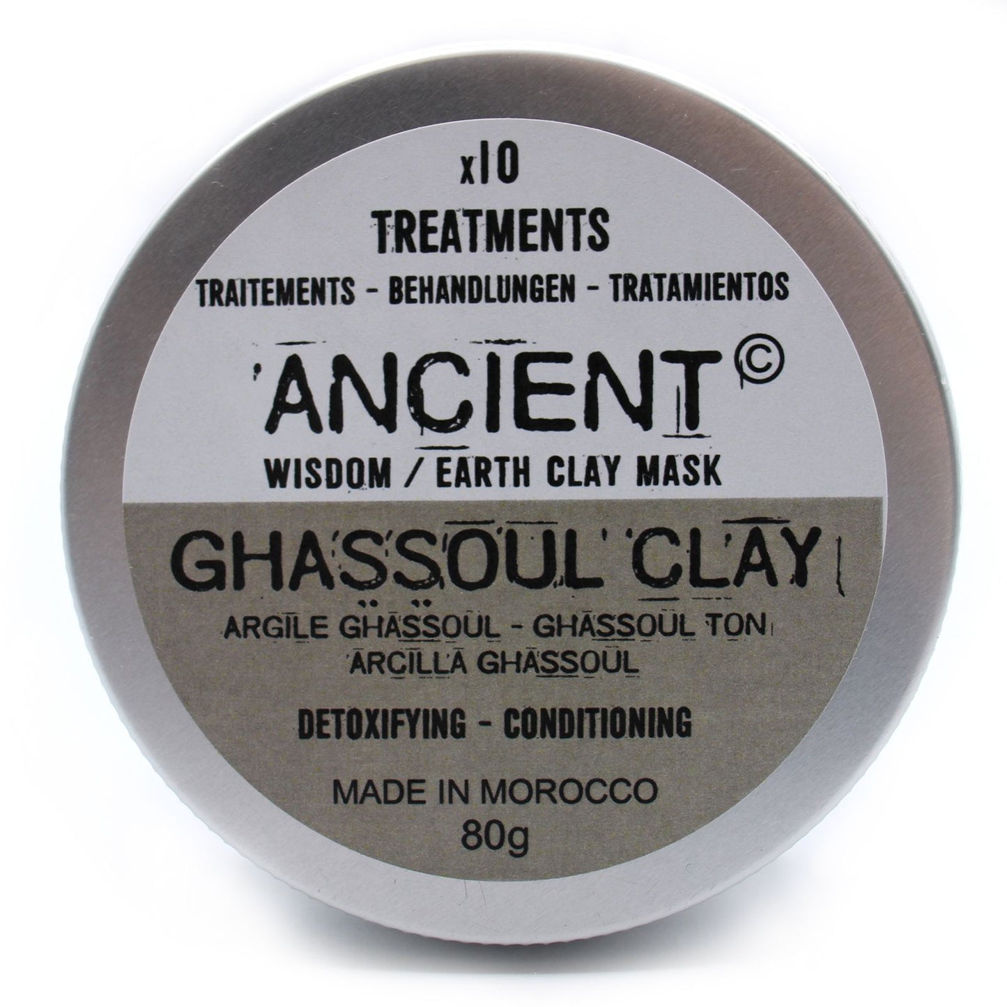 A travel-friendly 80g metal tin containing fine Moroccan Ghassoul clay powder for natural detoxifying masks.