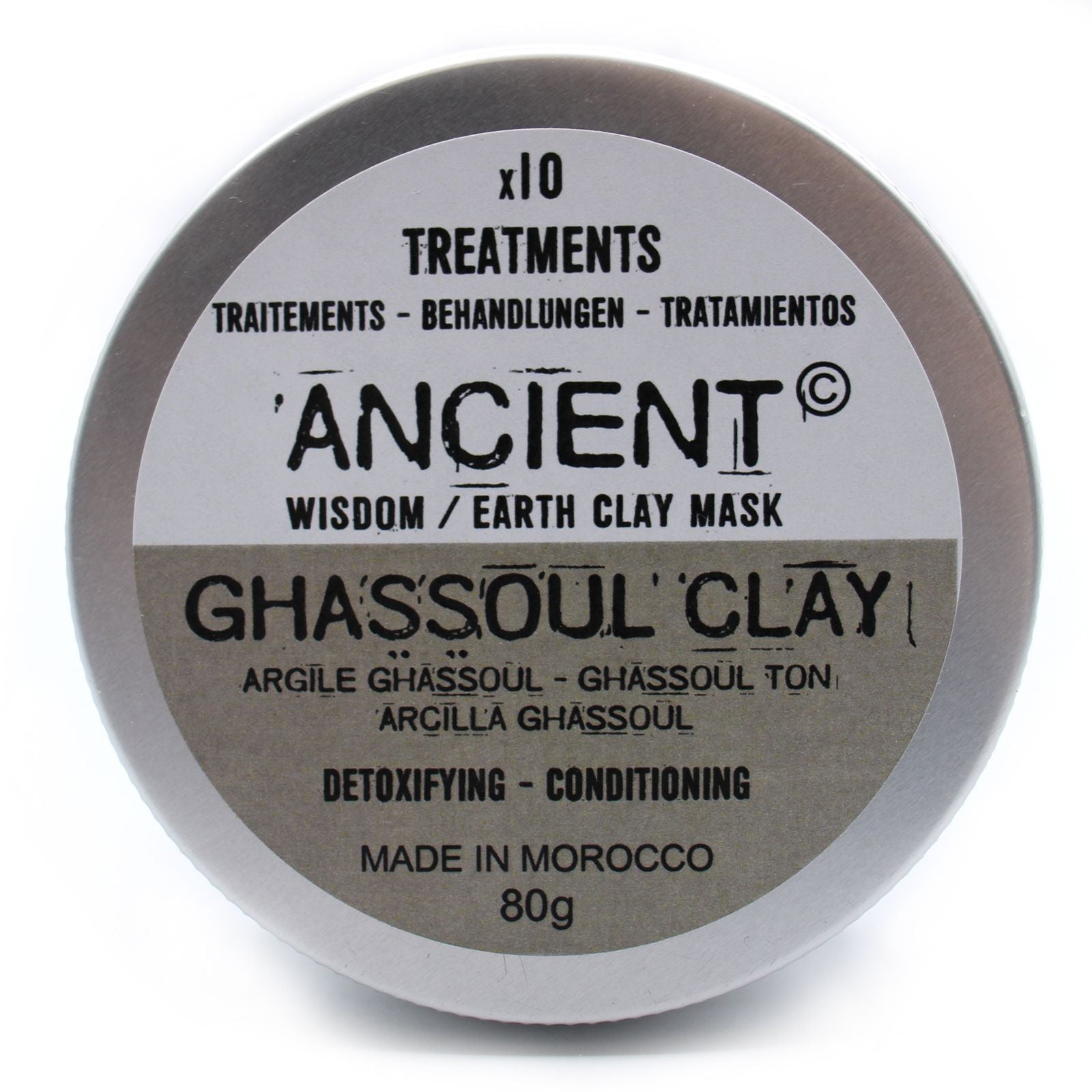 A travel-friendly 80g metal tin containing fine Moroccan Ghassoul clay powder for natural detoxifying masks.