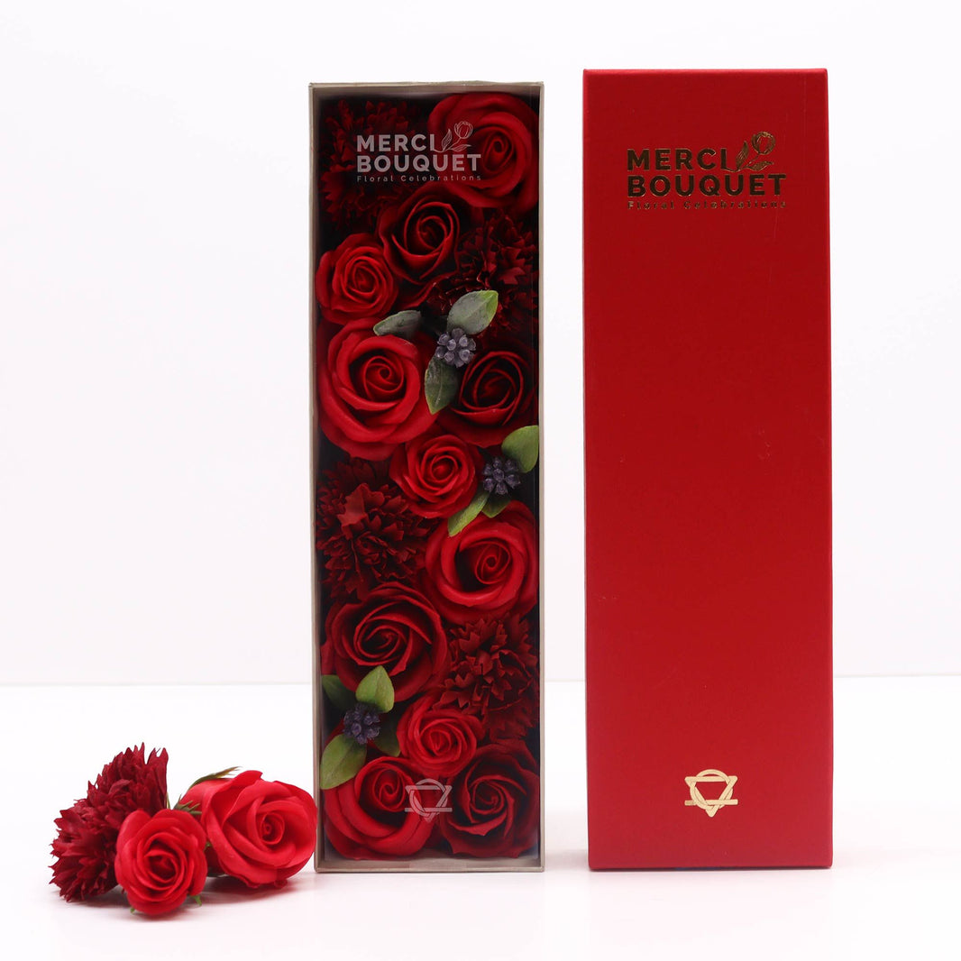 A luxury red long gift box filled with realistic deep red soap roses, perfect for anniversaries or Valentine's Day.