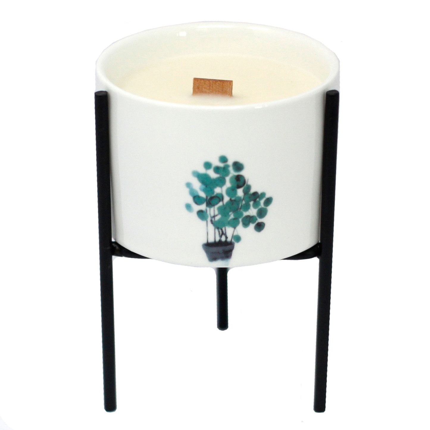 A black metal iron candle holder with a minimalist geometric design, perfect for holding botanical glass candles.