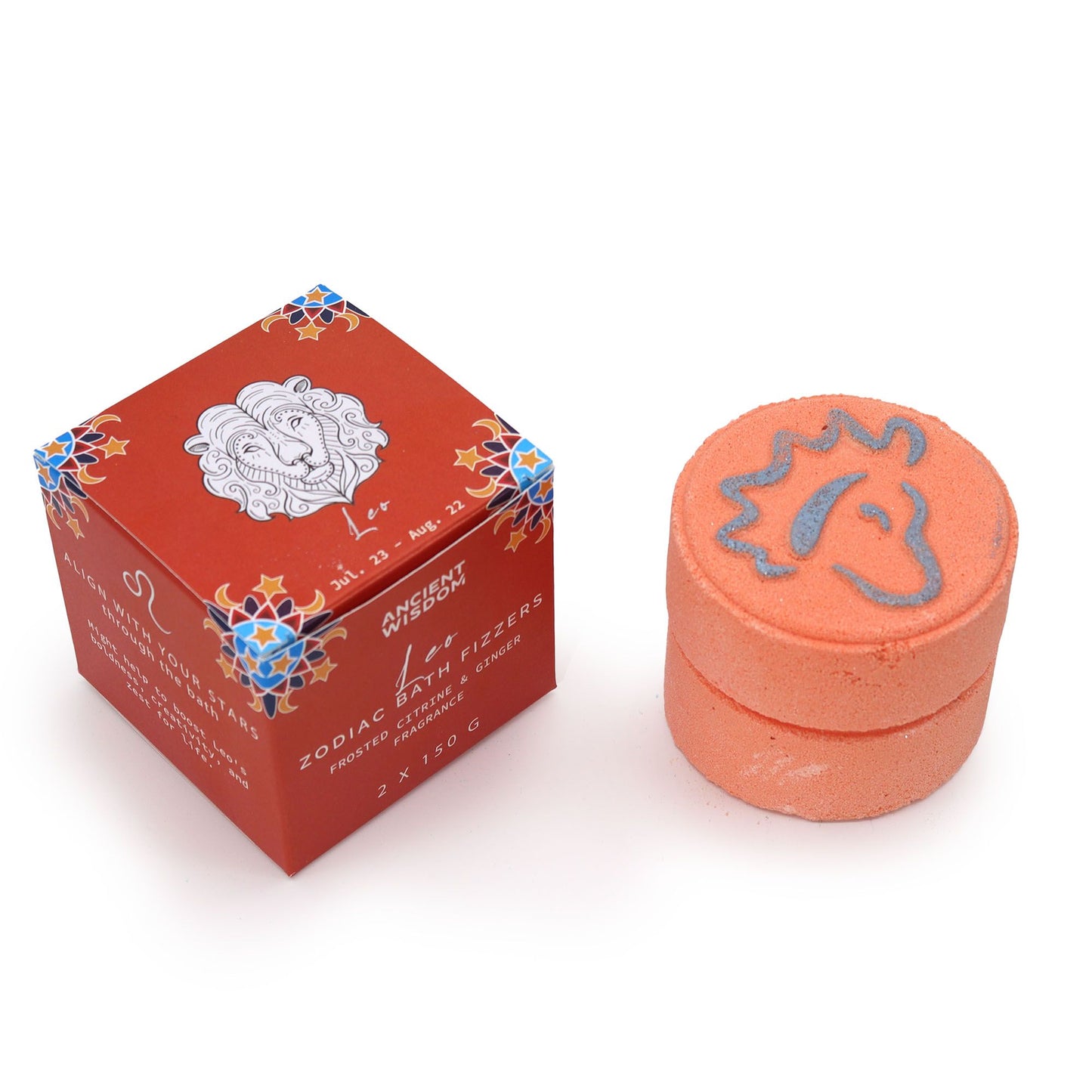 An orange-themed zodiac gift set for Leo, featuring bath fizzers and horoscope information in a decorative box.