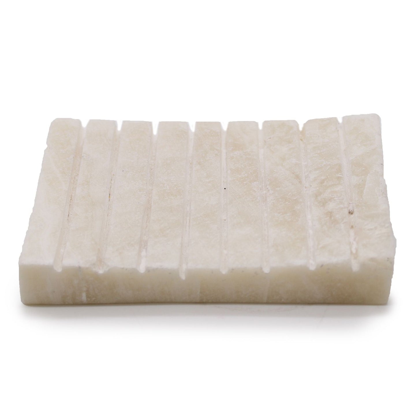 A rectangular white onyx soap dish with a ridged surface, carved from natural semi-precious stone.