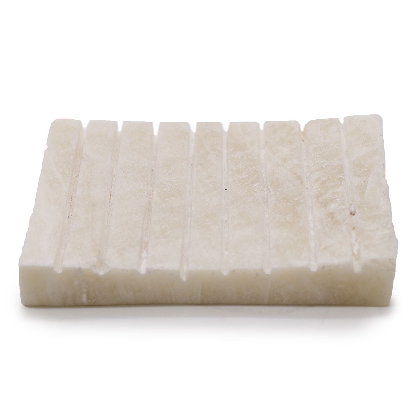 A rectangular white onyx soap dish with a ridged surface, carved from natural semi-precious stone.