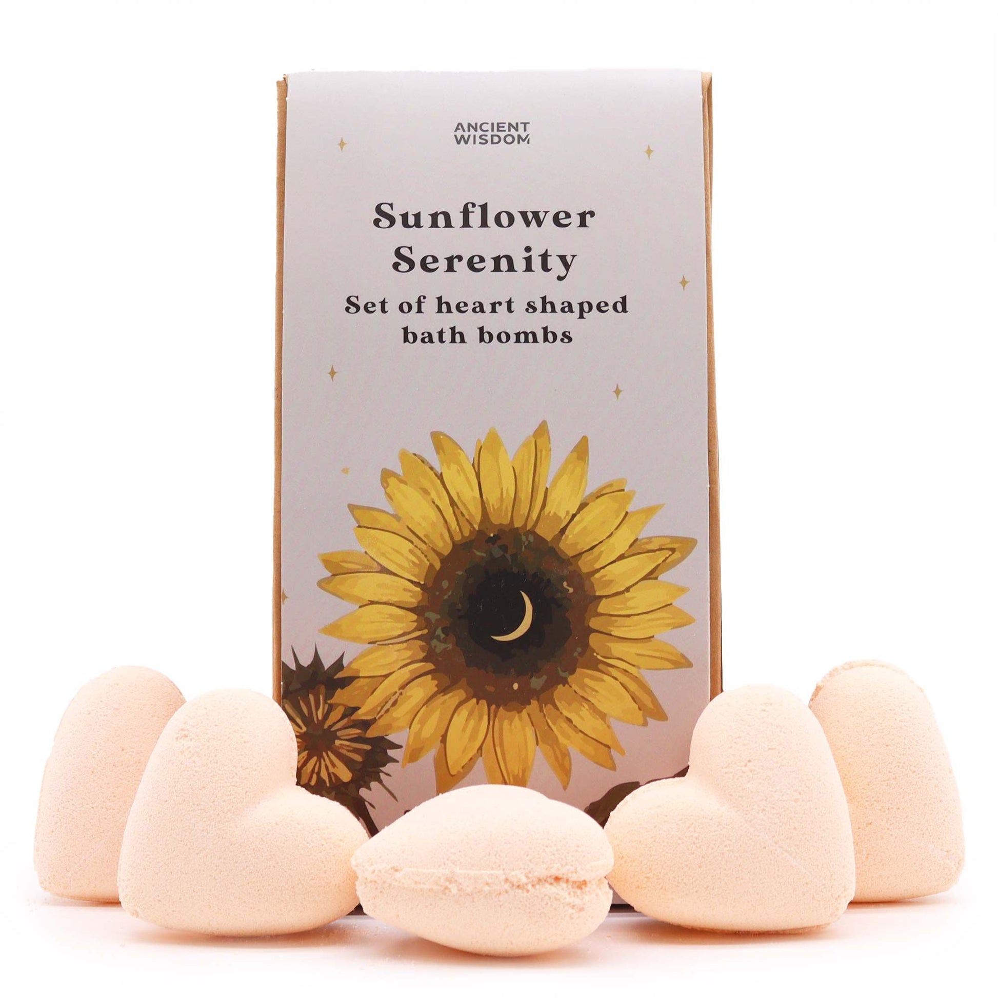 A decorative gift box containing multiple yellow and white heart-shaped bath bombs from the Sunflower Serenity collection.