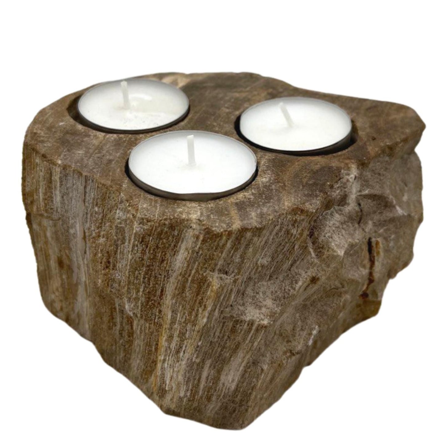 A large, rustic triple candle holder made from a solid piece of natural petrified wood with three slots for tealight candles.