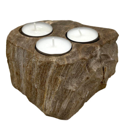 A large, rustic triple candle holder made from a solid piece of natural petrified wood with three slots for tealight candles.