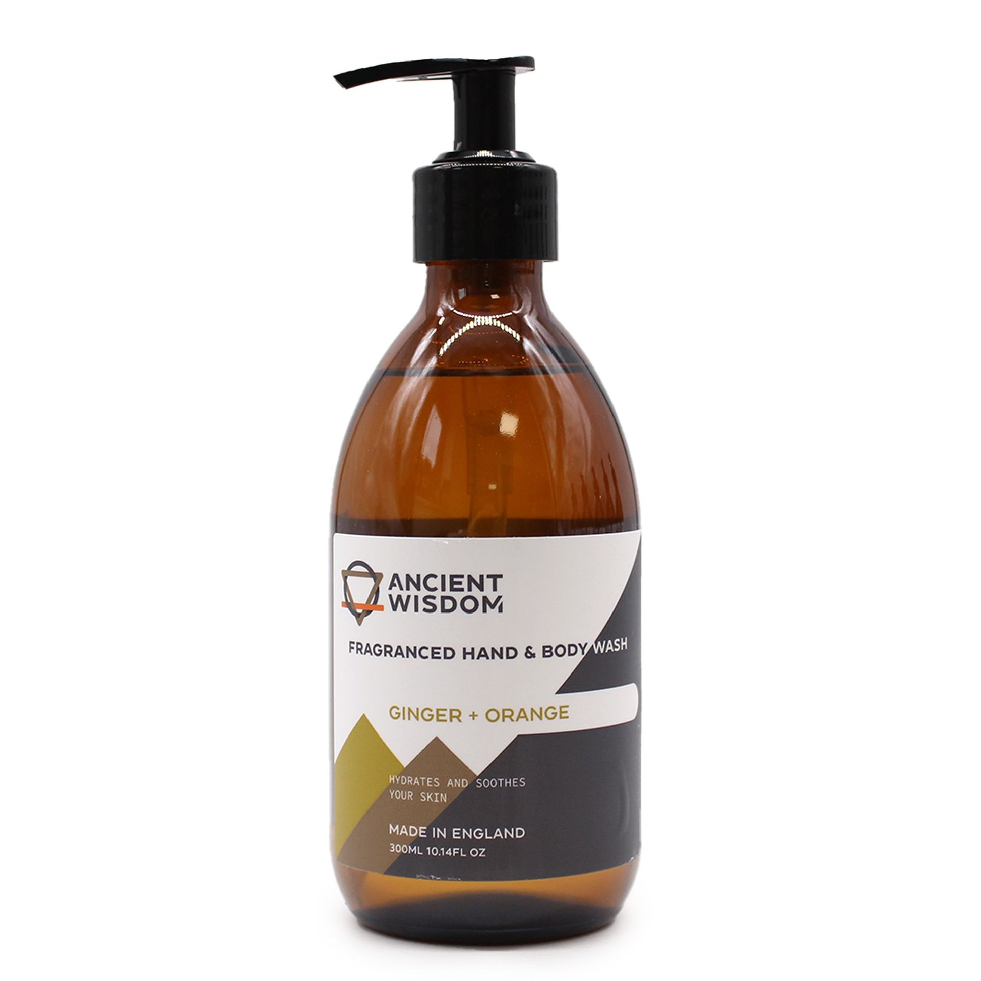 A 300ml amber pump bottle of Ginger and Orange hand and body wash with a professional white and gold label.