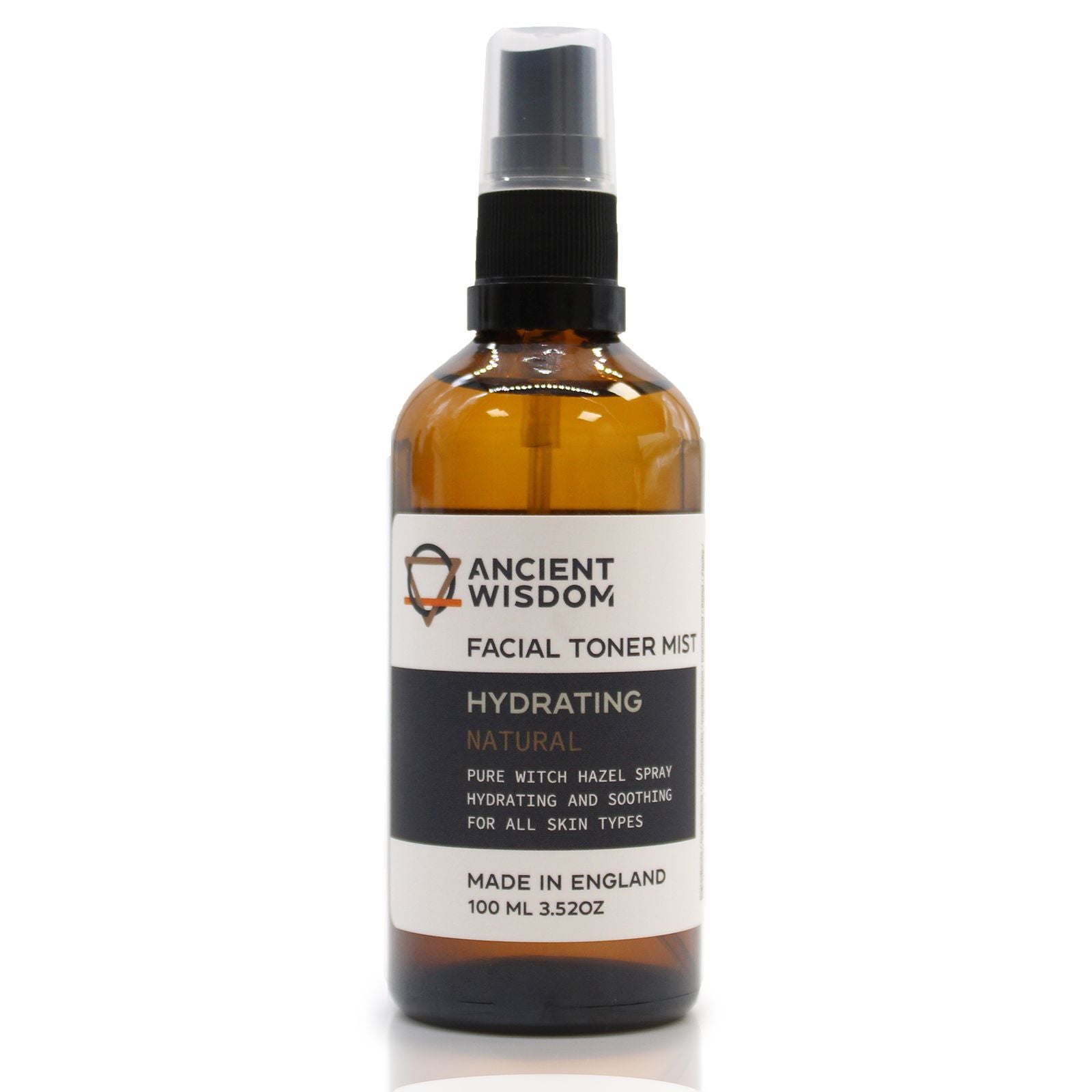 A 100ml amber spray bottle of pure witch hazel toner with a professional white and gold apothecary label.