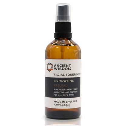 A 100ml amber spray bottle of pure witch hazel toner with a professional white and gold apothecary label.