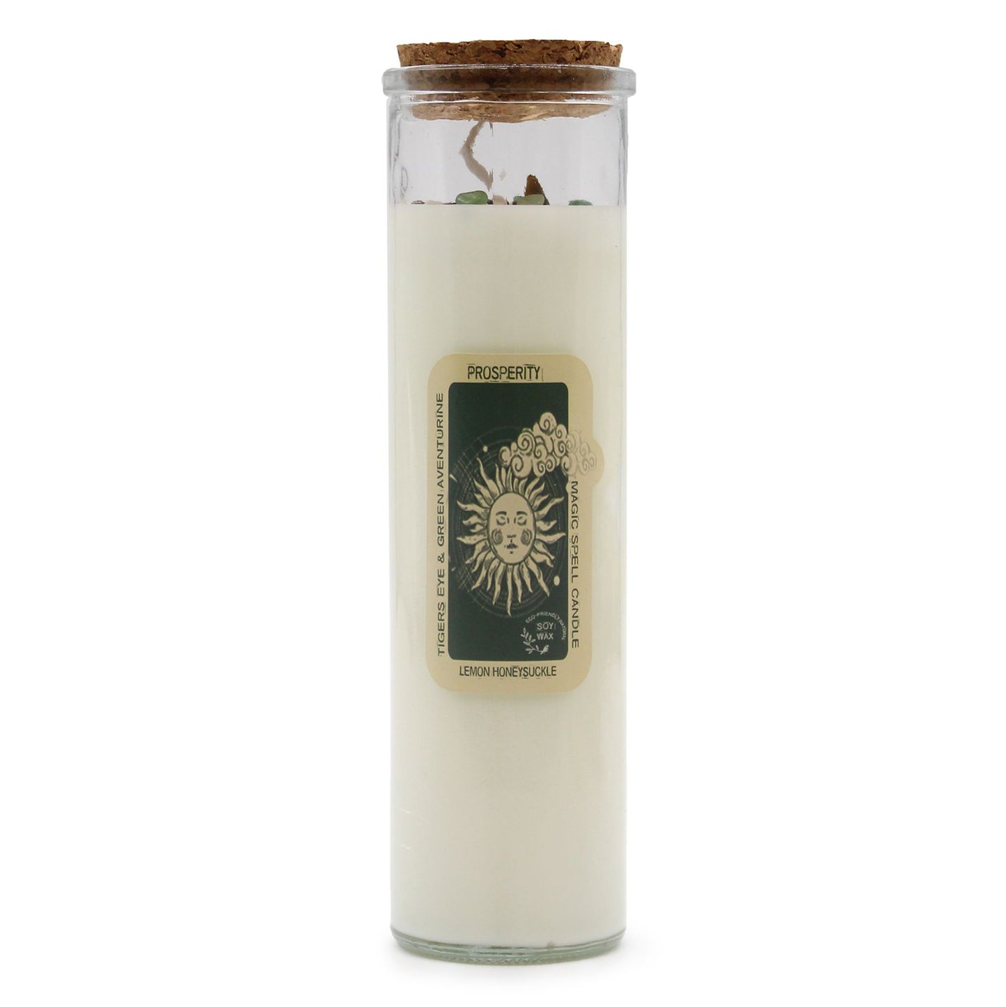 A tall white pillar ritual candle with a green-themed 'Prosperity' label featuring ancient symbols of wealth.