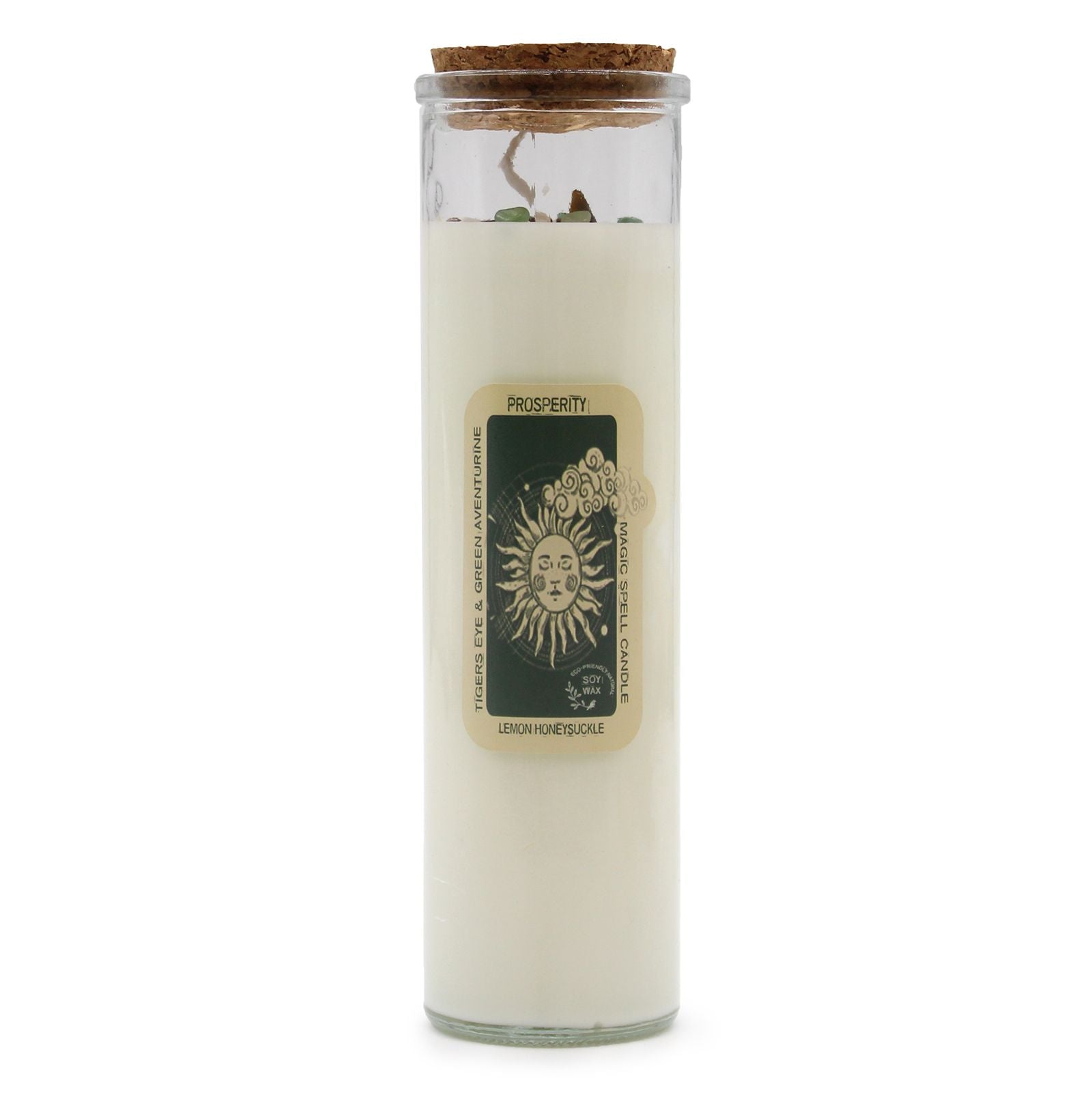 A tall white pillar ritual candle with a green-themed 'Prosperity' label featuring ancient symbols of wealth.