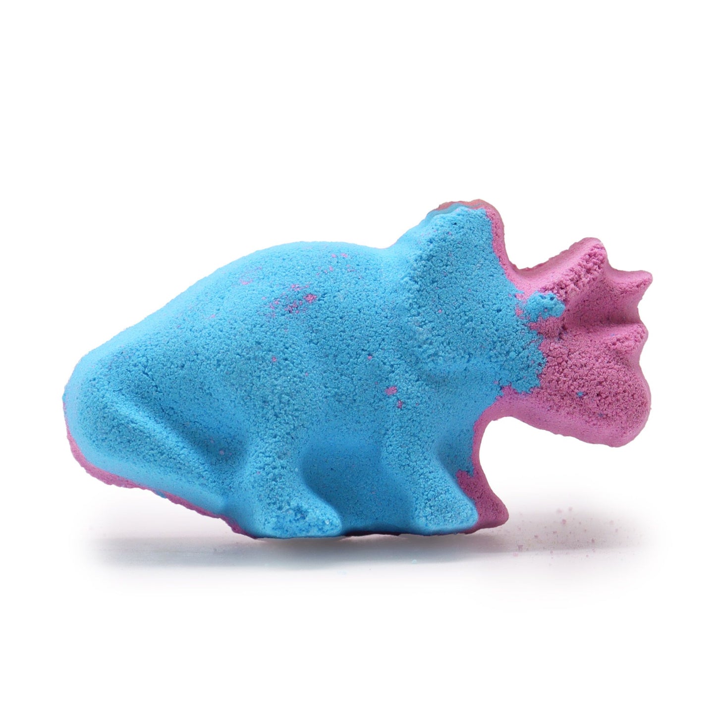 A bright blue bath bomb shaped like a detailed triceratops dinosaur, perfect for a fun and colorful bath.