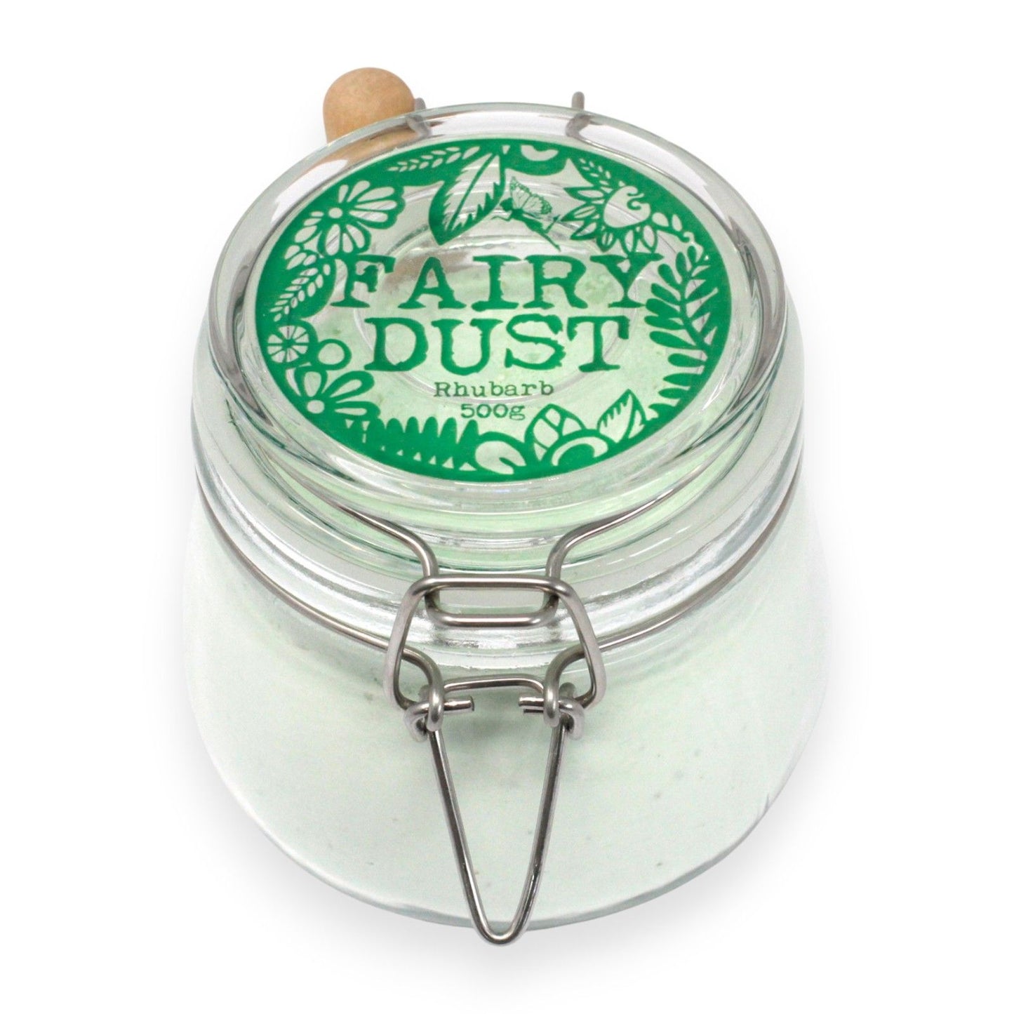 A large apothecary-style glass jar filled with 500g of white bath fizzing powder and a small wooden measuring scoop.